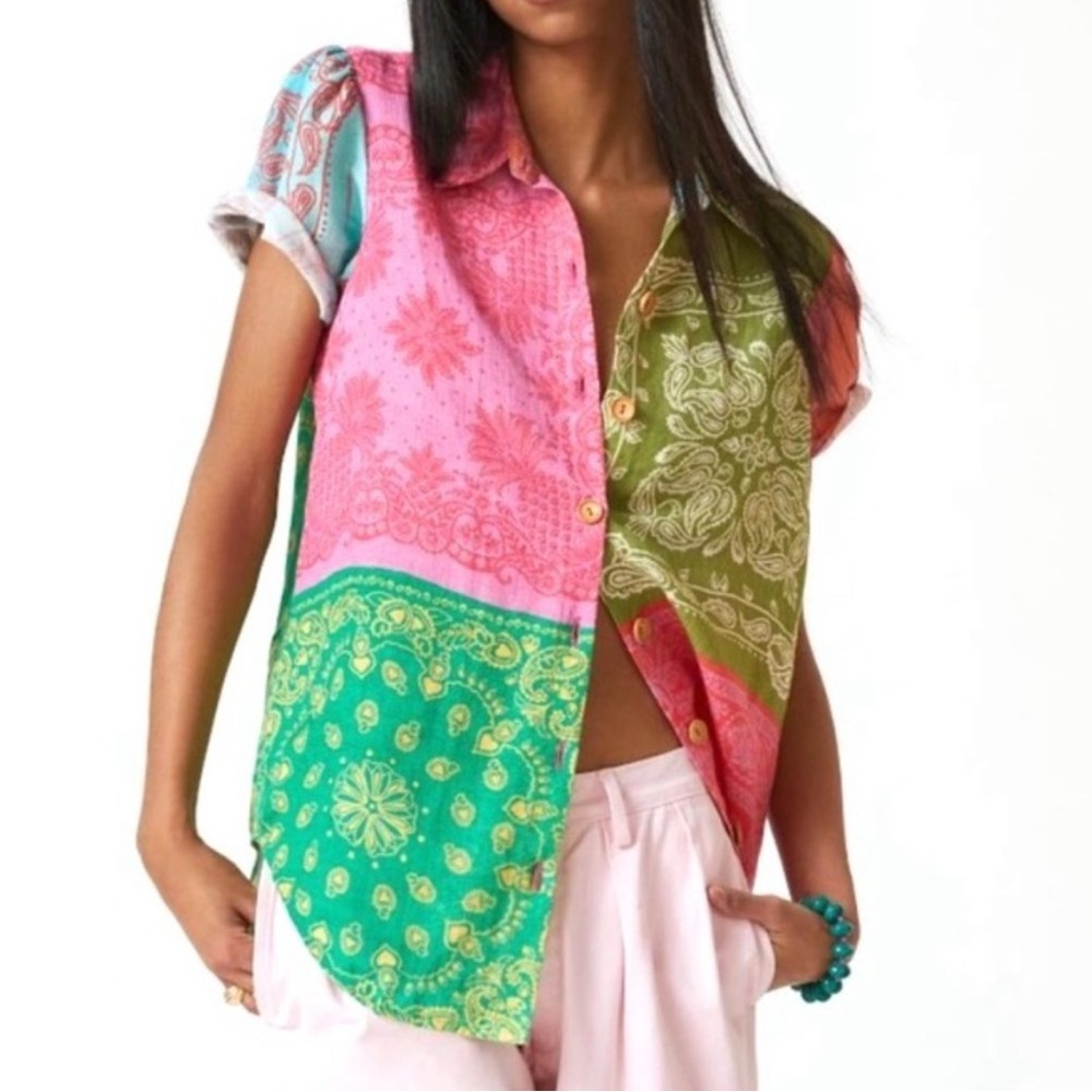 FARM Rio Pink and Green Patterned Button Down Shirt